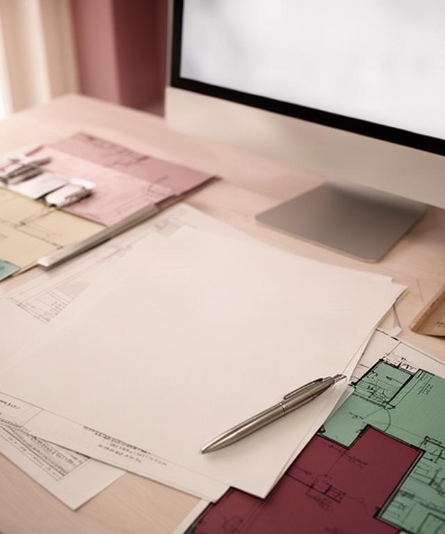 Scrivania di un ufficio edile con documento sulla privacy, planimetrie e penna accanto a un computer