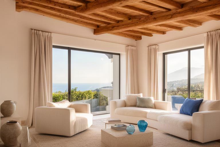 Soggiorno della villa a Taormina con travi in legno e grandi finestre