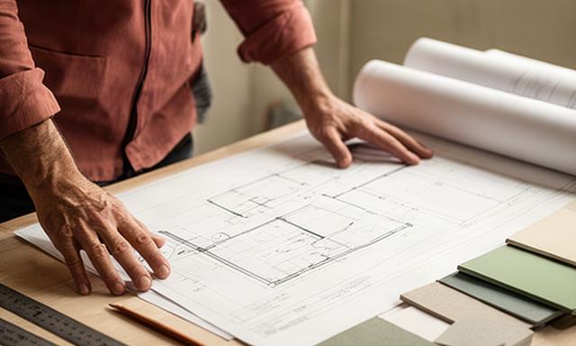 Tecnico edile che consulta planimetrie su un tavolo da lavoro in Sicilia