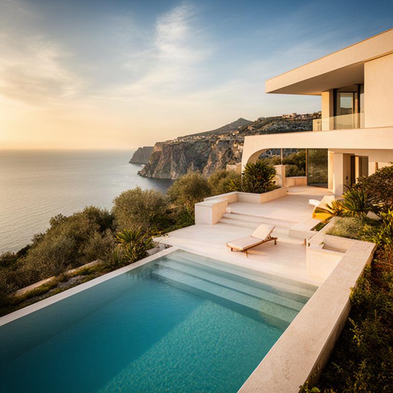 Esterno della villa di Taormina con piscina, terrazza e vista sul mare