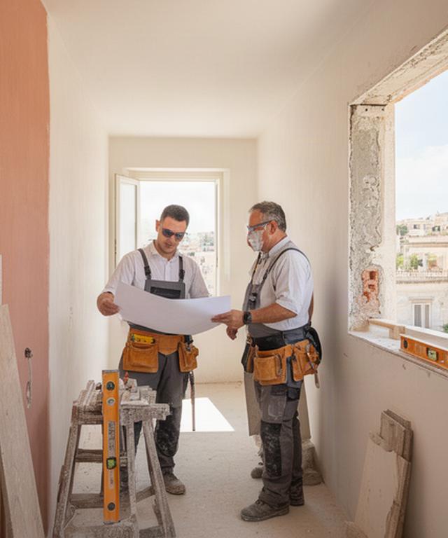 Tecnici e maestranze verificano una ristrutturazione residenziale in un cantiere luminoso di Messina