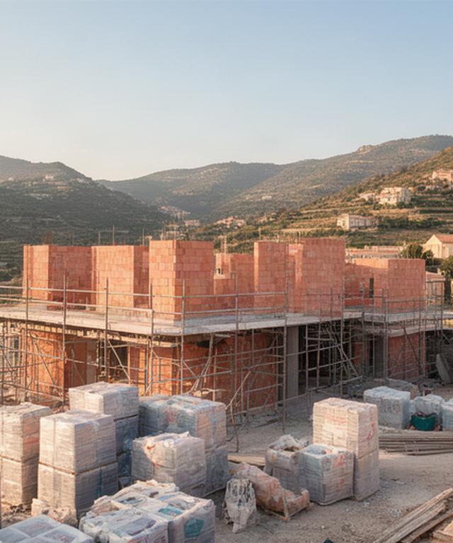 Cantiere residenziale in costruzione sulle colline di Messina con murature, ponteggio e materiali ordinati