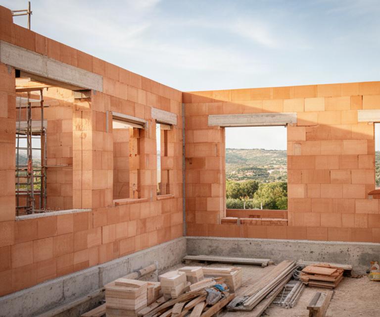 Cantiere di una casa residenziale in Sicilia con murature completate e luce naturale
