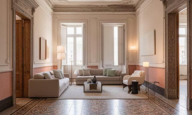 Interno restaurato di un appartamento storico nel centro di Messina con pavimento originale