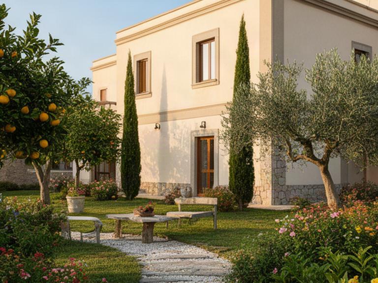 Casa familiare rinnovata a Riposto con facciata chiara e giardino mediterraneo