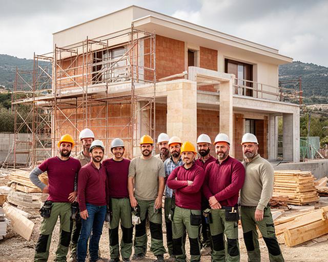 Squadra di tecnici e operai in un cantiere residenziale di Messina, davanti a una casa in costruzione